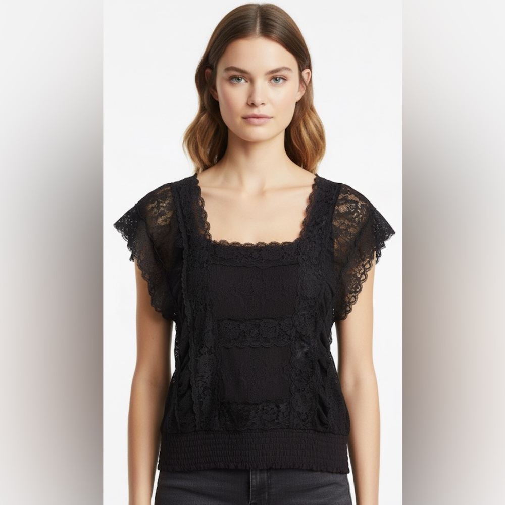 Free People black square neck lace trim short sleeve top size small - Picture 1 of 6